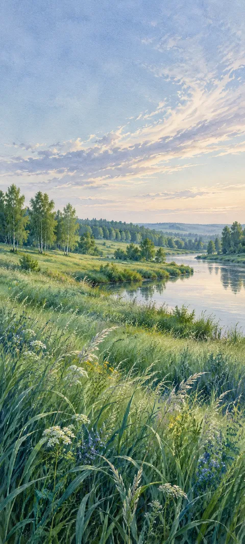 Broad meadow of blue-green grasses beside a winding reflective river.