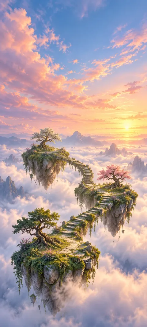 Three floating garden islands connected by stone stairs above a cloud sea.