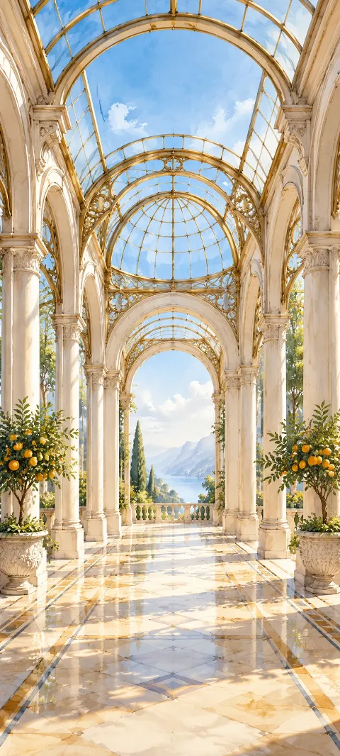 Pale stone arcade with brass trimmed glass canopy and potted citrus trees.