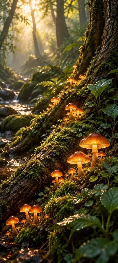 Small forest mushrooms grow around a mossy root.