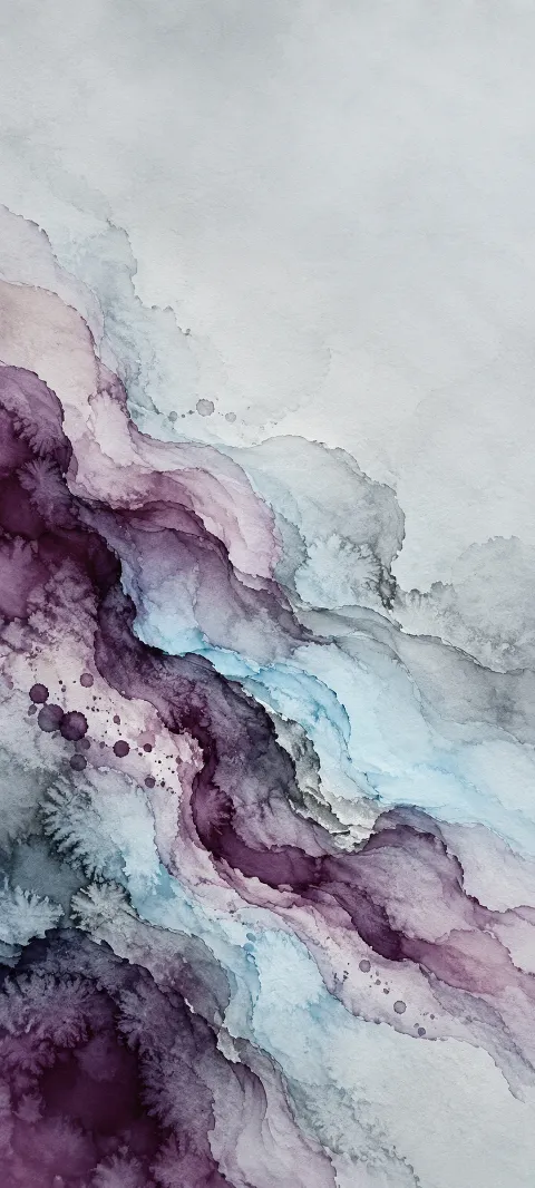Plum, cyan and gray watercolor washes with feathered edges on paper.