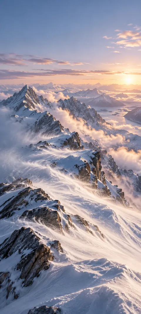 Windblown snow traces sunlit high winter ridges.