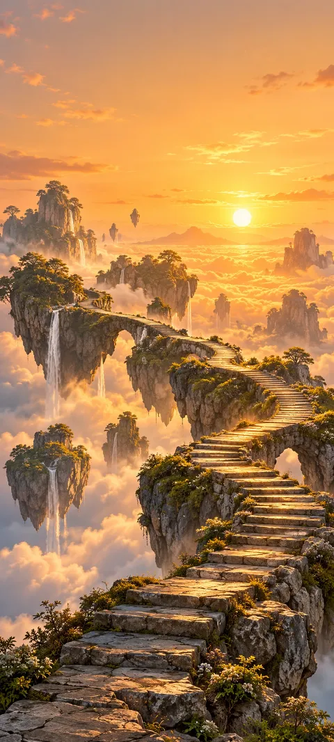 A stone stairway crossing floating islands in an amber sky.