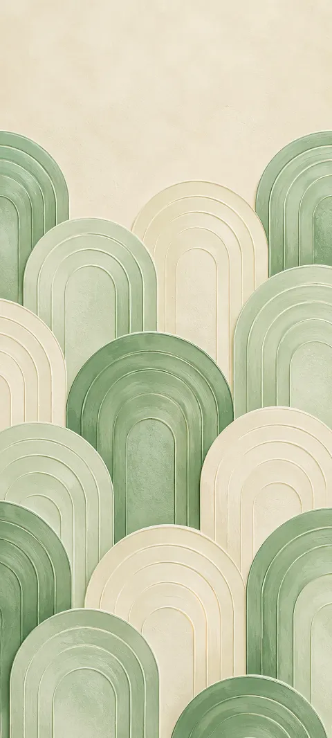 Mint arches repeat across a warm ivory field.