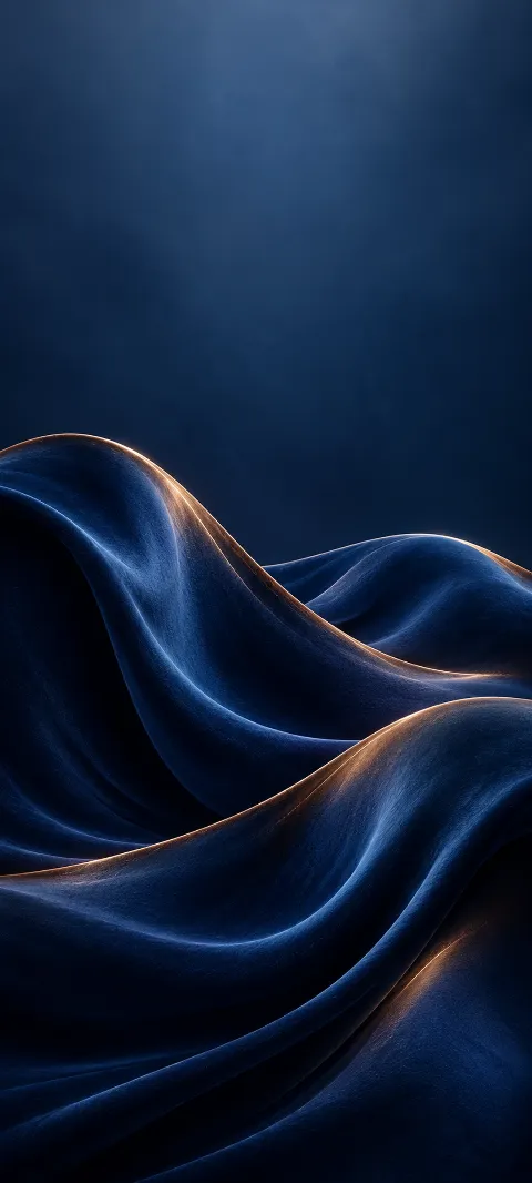 Indigo fabric-like folds with thin copper highlights on their edges against a calm blue background.
