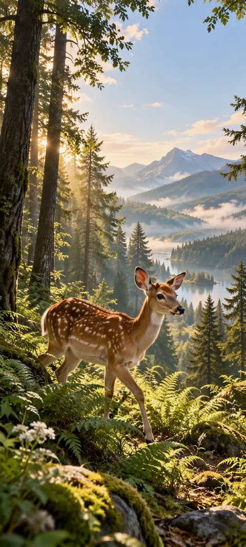 A spotted deer steps through ferns beneath tall trees.