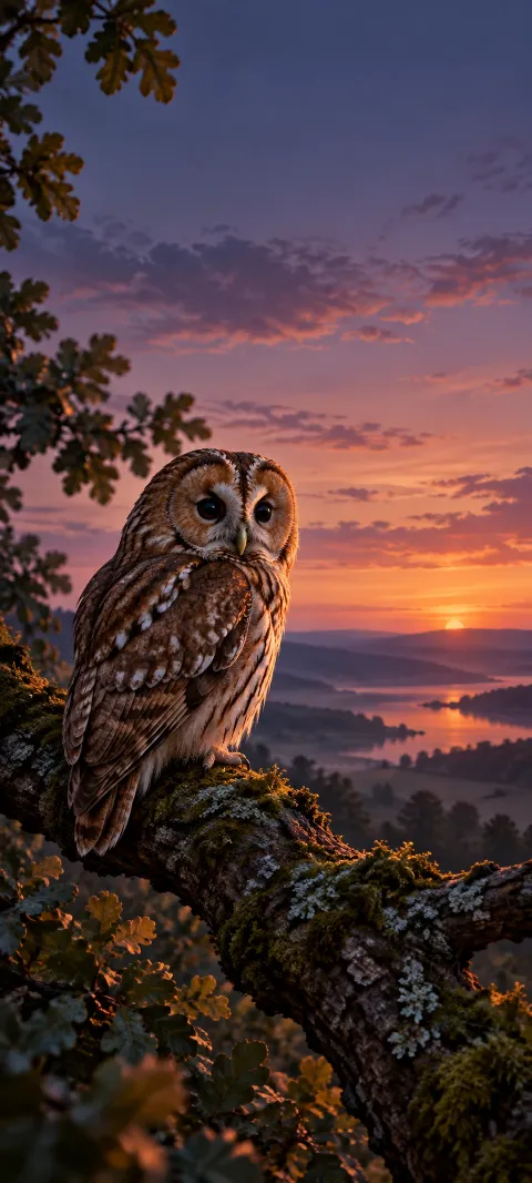 A tawny owl rests on a branch in dusk light.
