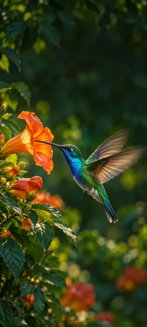 A blue and green hummingbird hovers beside an orange trumpet flower in a shaded garden.