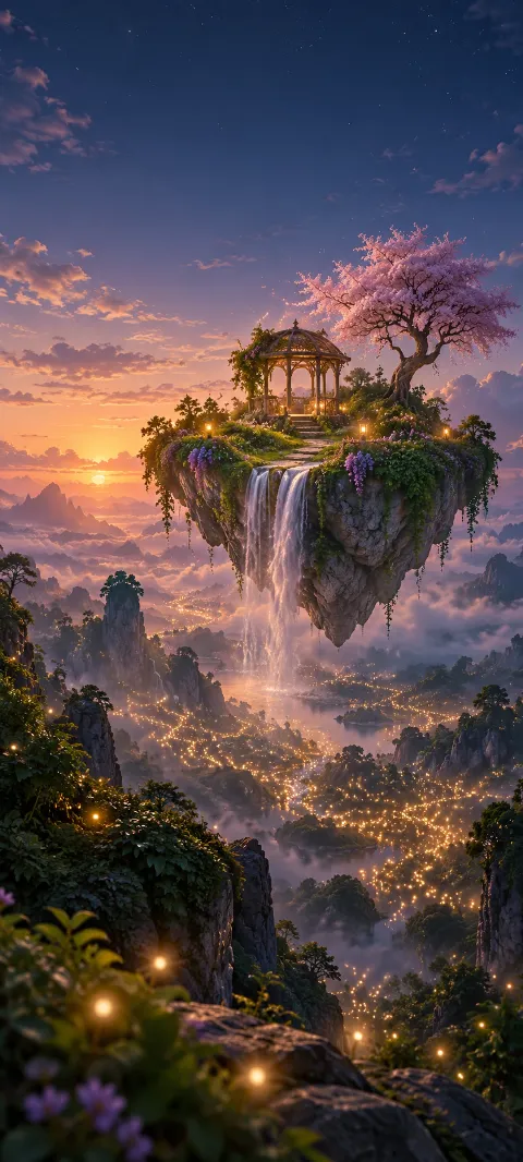 A floating garden glows above a firefly valley.
