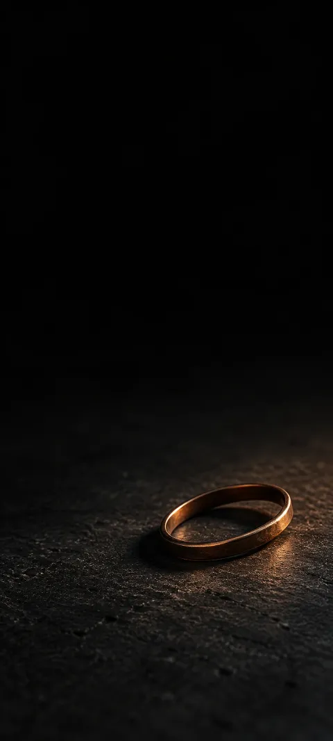 Bronze ring lying on a dark charcoal surface with warm edge light.