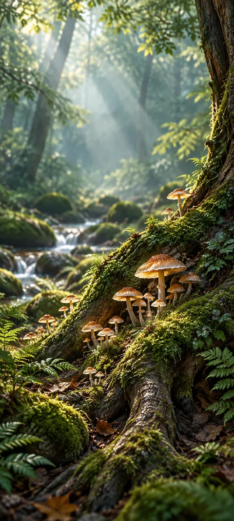 Small forest mushrooms grow around a mossy root.