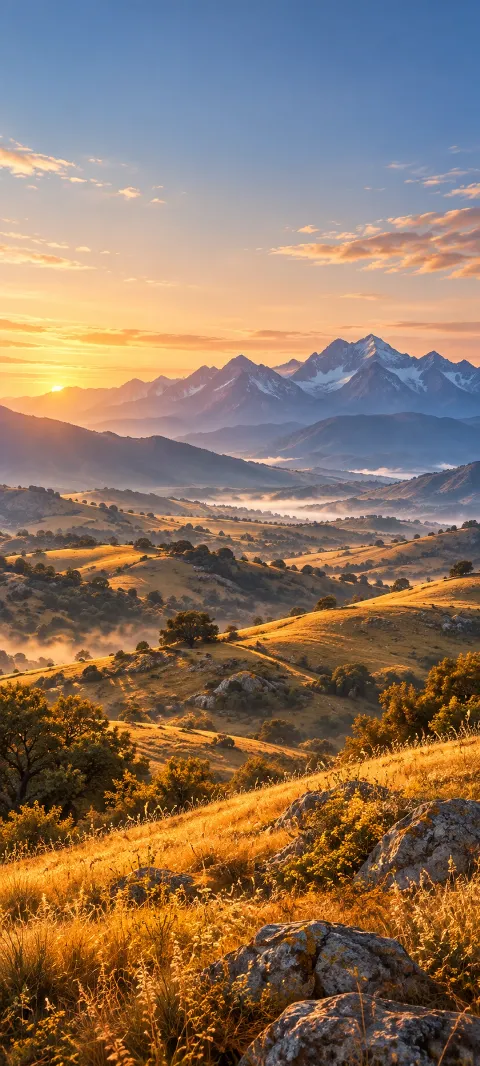 Golden foothills roll toward a distant blue mountain wall.