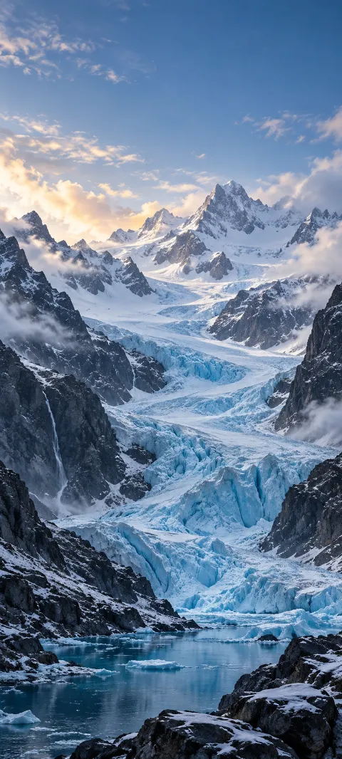 A blue glacier descends between dark mountain walls.
