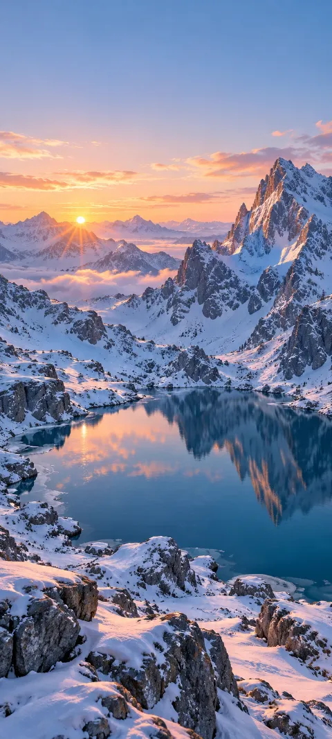 Frosted crags mirror in a still tarn.