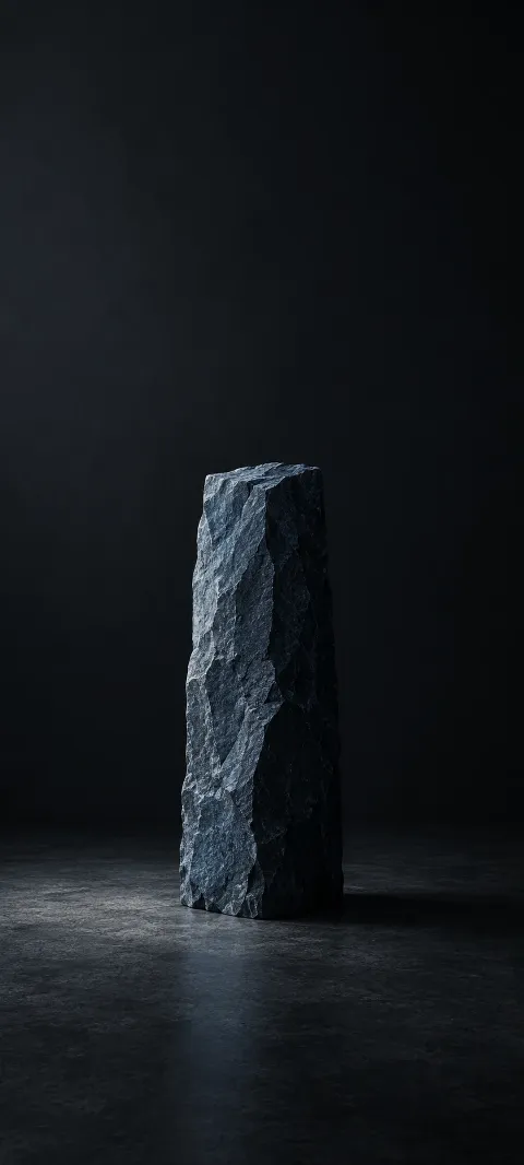 A blue-gray pillar stands alone in a dark studio.
