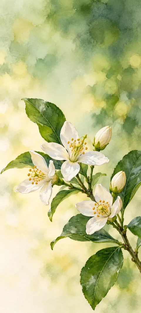 White lemon blossoms, buds and green leaves against a pale watercolor wash.