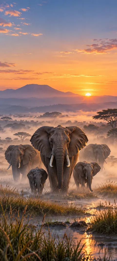 Elephants move through low dawn mist.