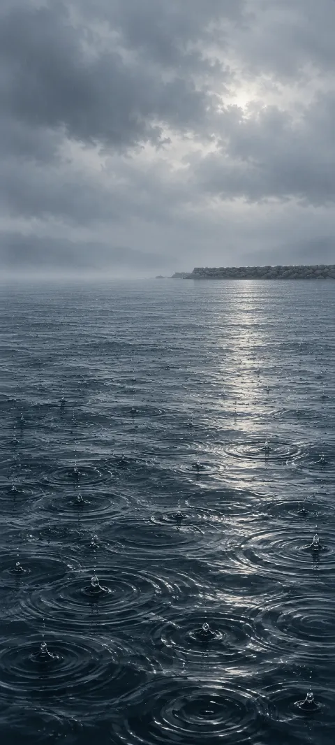 Rain rings spread across dark harbor water beneath gray clouds and a distant stone breakwater.