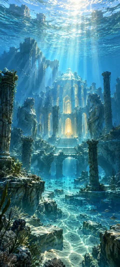 A half-sunken imagined temple glows beneath shallow blue water.