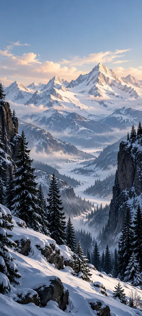 A snowy pass descends between dark pines and blue cliffs.