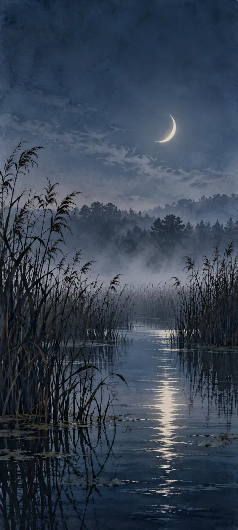 Crescent moon and silver reflection over a lagoon framed by dark reeds.