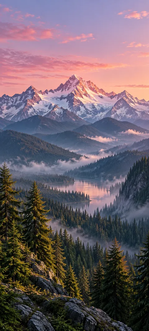 Cedar forest opens toward snow peaks in clear air.
