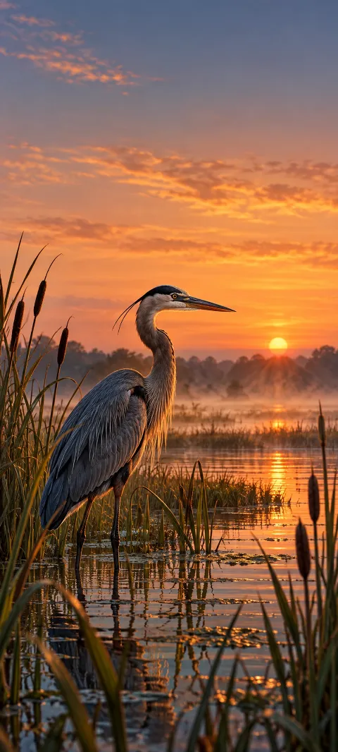 A heron stands among reeds in a quiet marsh.