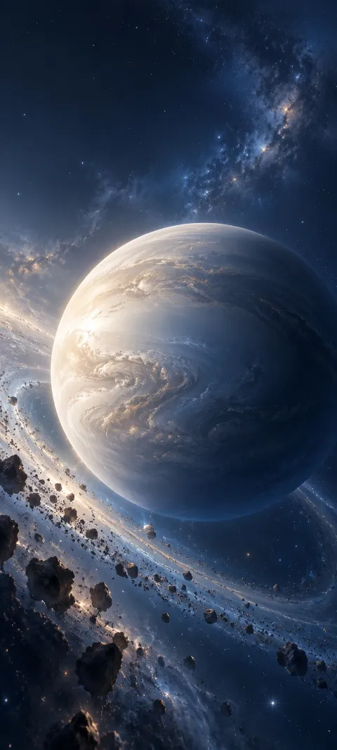 A pearl-blue planet and bright debris ring fill a starry scene.