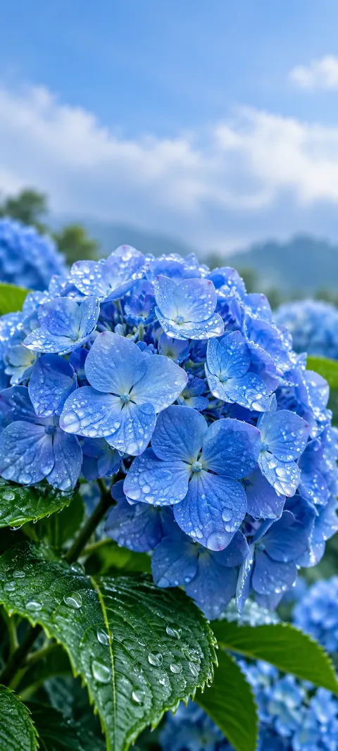 A blue hydrangea cluster fills the center.