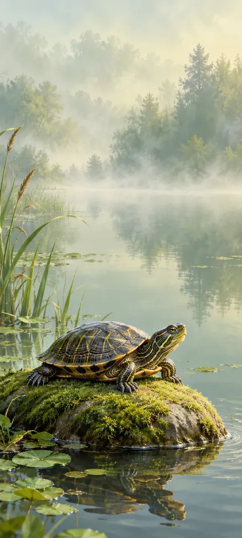 Striped turtle with a patterned shell on a mossy pond stone beside reeds and lily leaves.