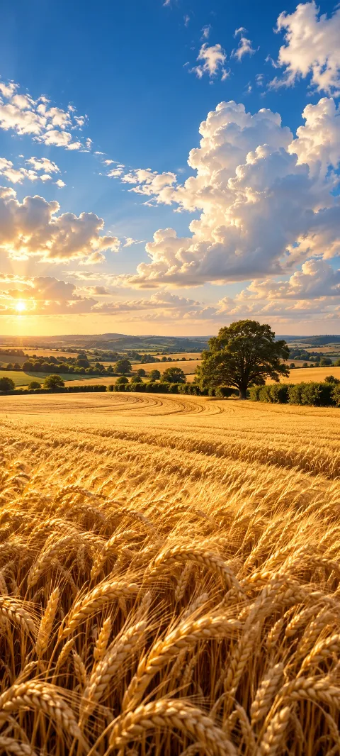 Golden wheat ripples toward a lone hedgerow beneath summer clouds.