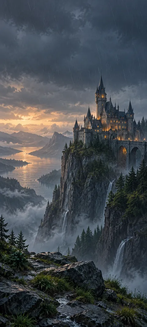 A lit castle stands on a misty cliff above waterfalls.