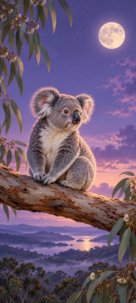 Gray koala seated on a eucalyptus branch with violet evening sky, moon, and distant forested lake.