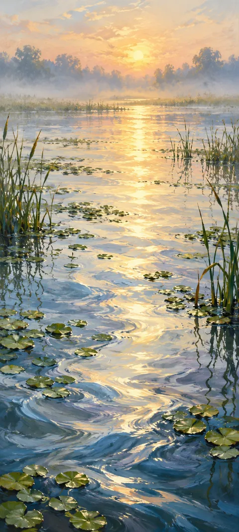 Gold reflections on pale blue water with green floating leaves and reeds.
