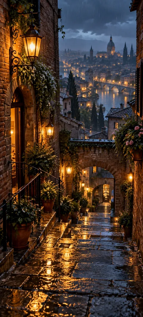A brick passage glows with lamps and wet stone.