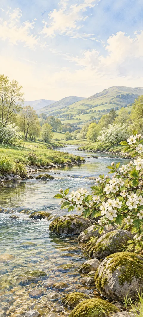 White hawthorn blossoms beside a clear stream with mossy stones and green hills.