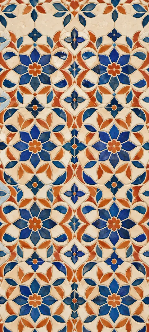 A repeating ceramic tile pattern of cobalt, terracotta and cream botanical rosettes.
