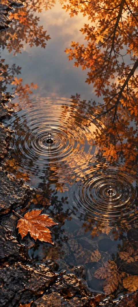 Rain puddle with two circular ripples reflecting orange leaves and one fallen leaf at its edge.