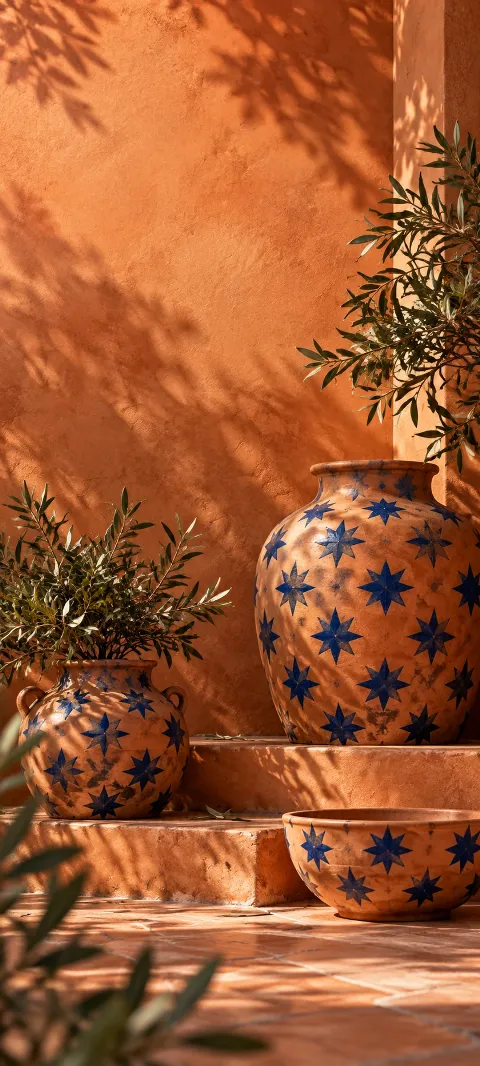 Cobalt star shapes repeat across warm terracotta ceramic.