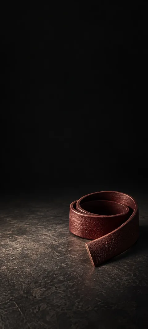 Coiled burgundy leather strip resting on a dark floor.