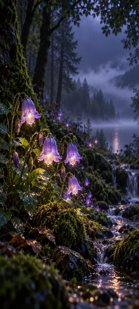Violet bell-shaped flowers glow beneath dark trees.