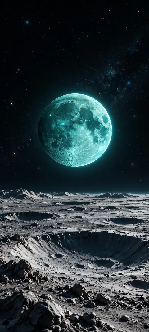 A teal moon floats above quiet craters.