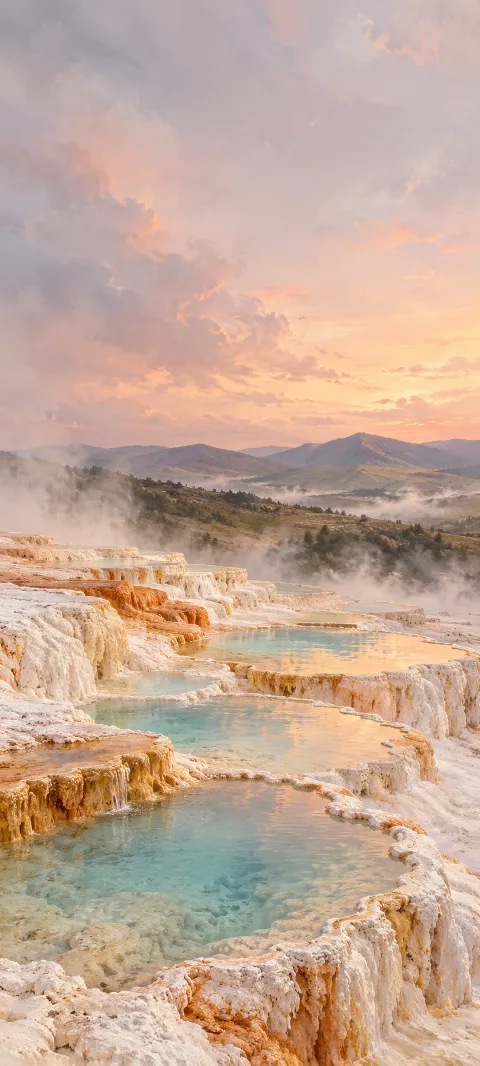 Aqua pools among ivory and apricot mineral terraces beneath misty pink clouds.