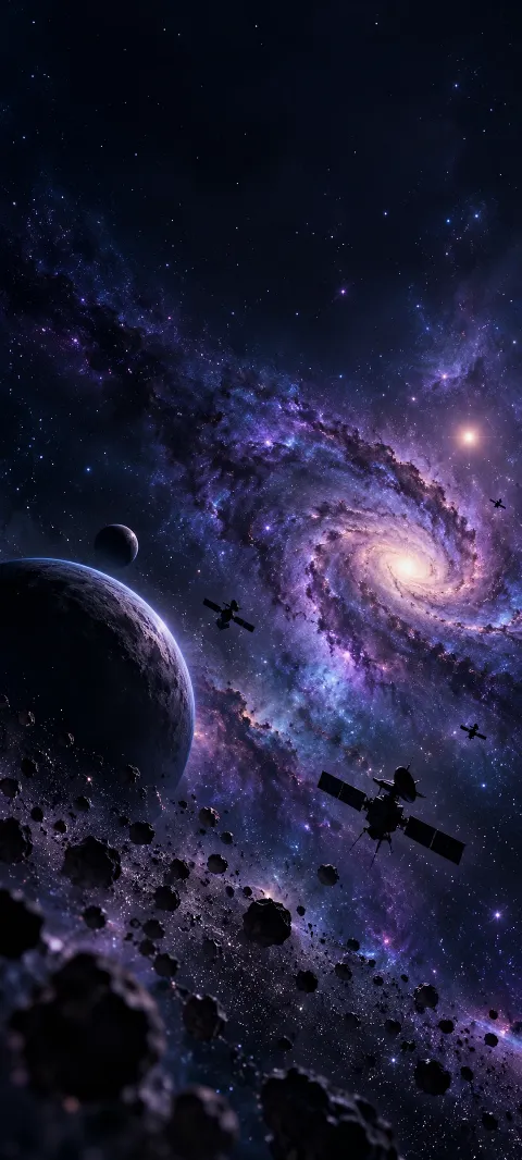 Small imagined satellites drift as silhouettes through cosmic dust.