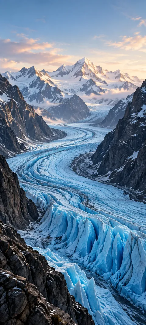 A winding blue glacier between dark alpine walls.