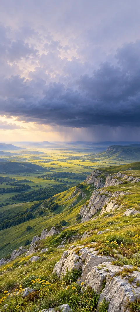 Green limestone ridge and yellow flowers above a sunlit valley under dark rain clouds.