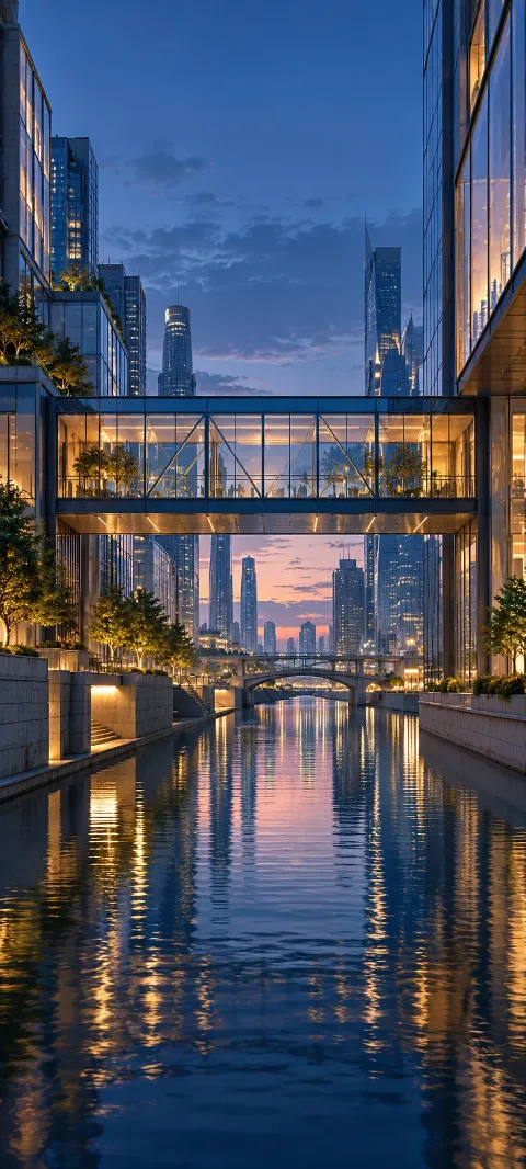 A glass footbridge crosses a fog-softened canal.