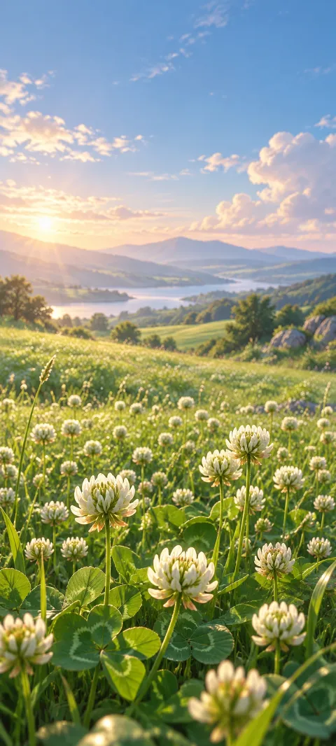 White clover heads rise through a sunlit meadow.