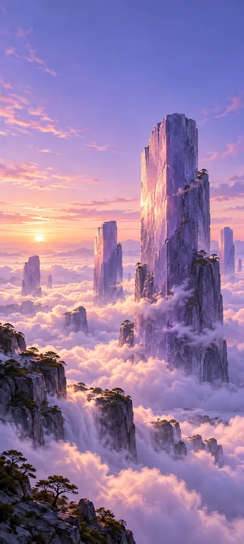 Lavender monoliths rise from a cloud-covered plain.