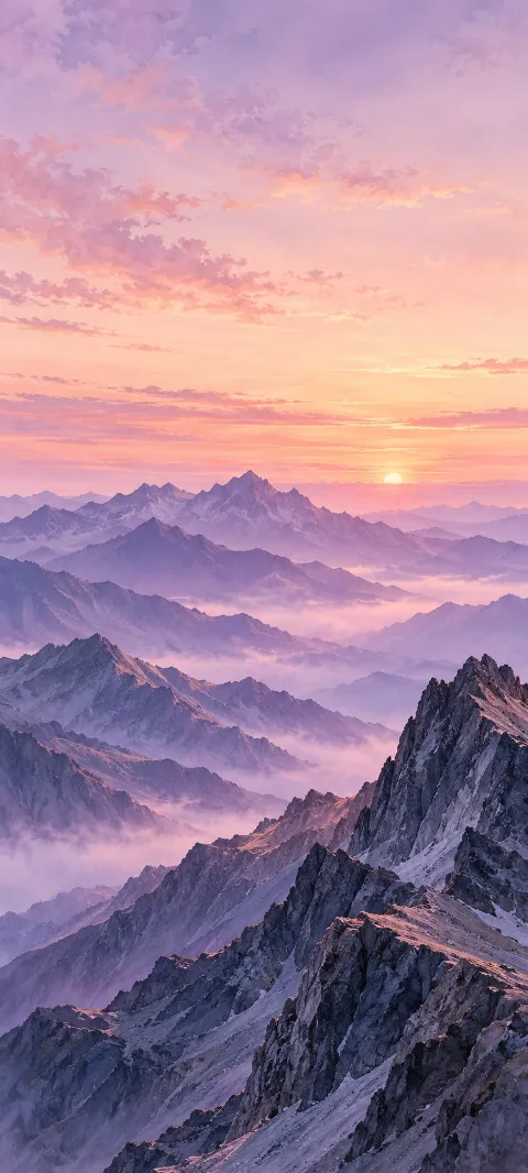Layered jagged mountain ridges under a pale pink and lavender dawn sky.